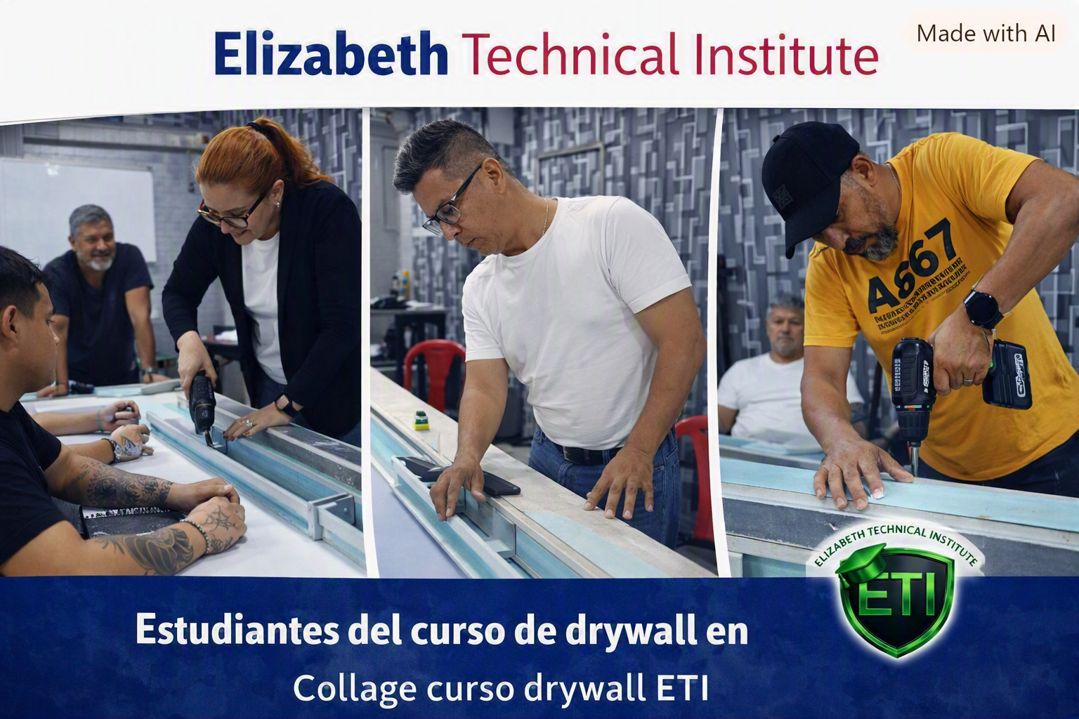 Los estudiantes del curso de drywall haciendo practicas